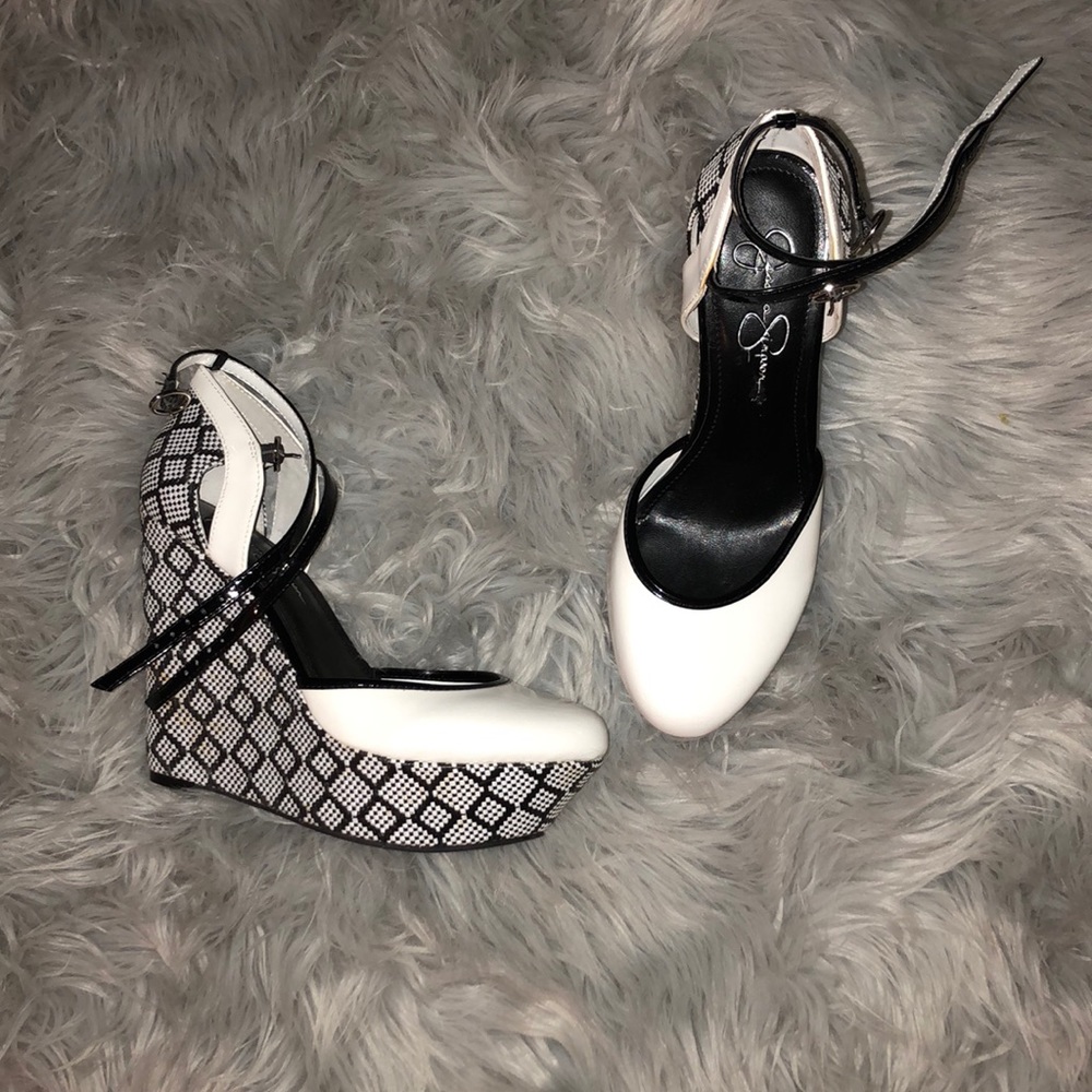 Jessica Simpson black and white wedge heels